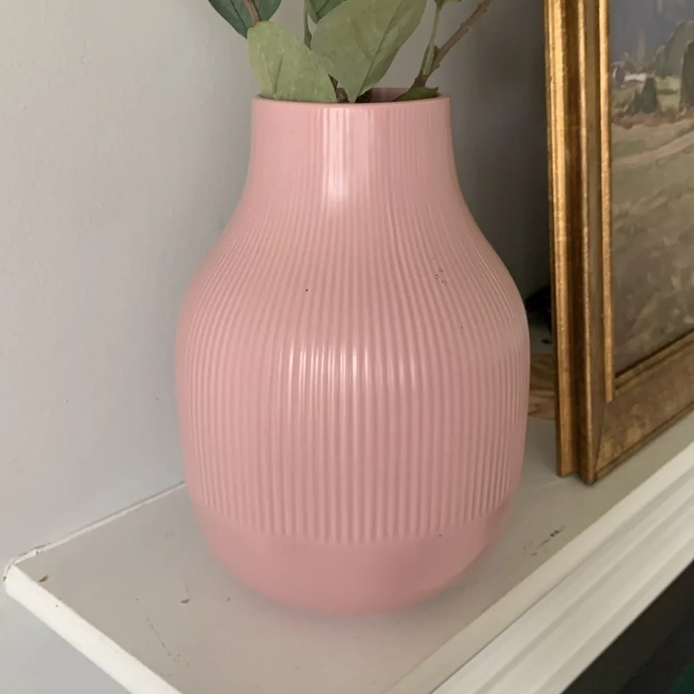 Ikea Gradvis MCM Vase‎ 9” Tall Light Pink Glazed Ribbed Modern Stoneware